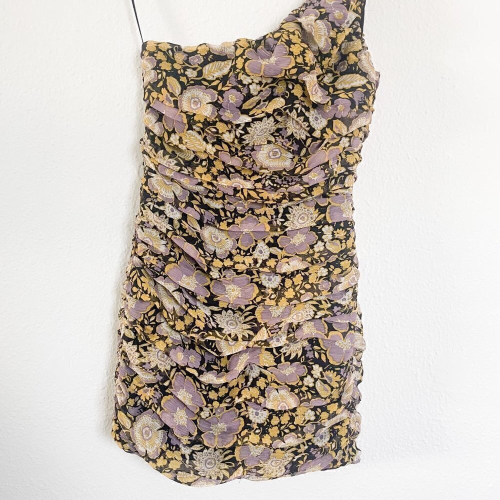 Zara Floral One Shoulder Mini Dress purple gold floral size small - Picture 7 of 12